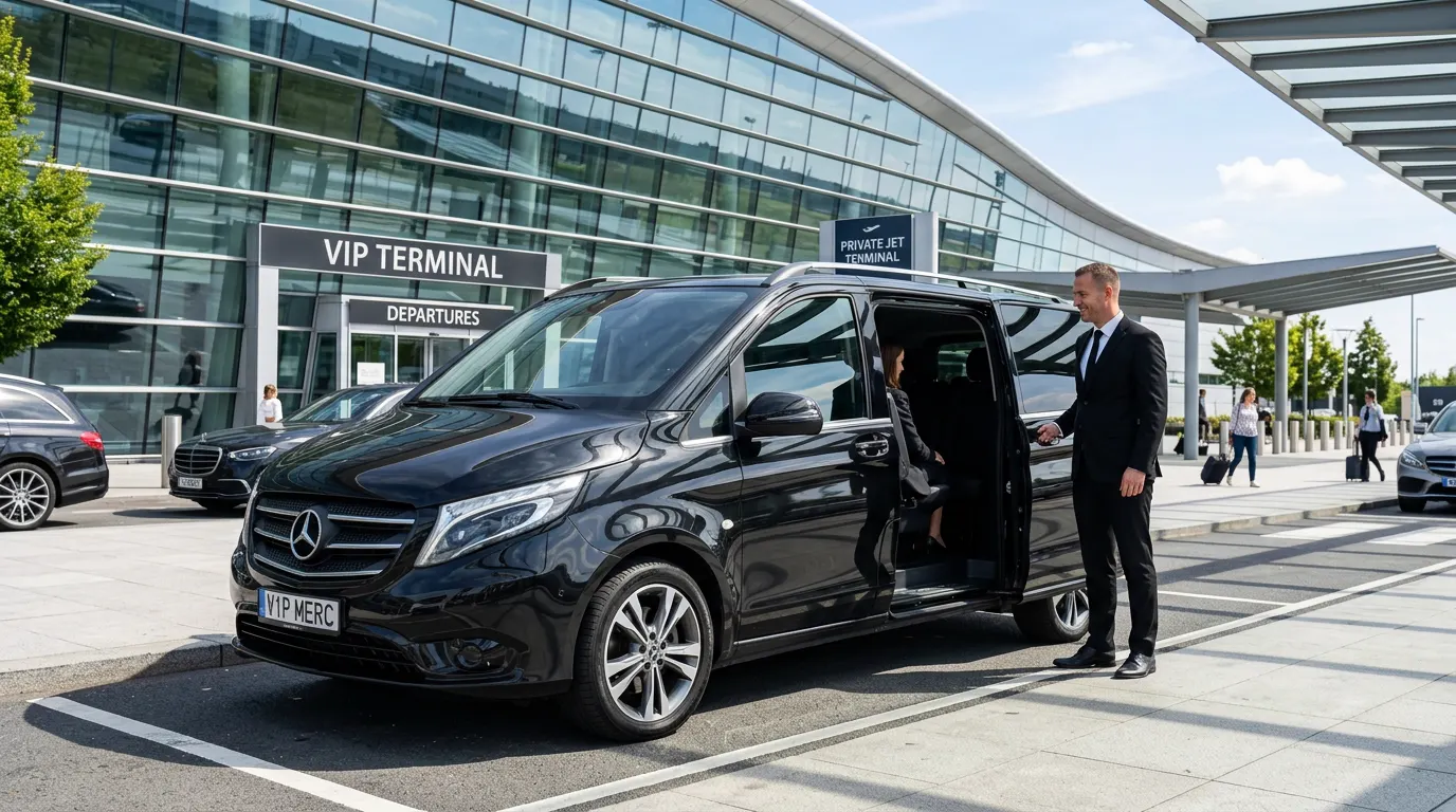Çuhataş VIP Transfer Mercedes Vito VIP aracı havalimanı terminalinde